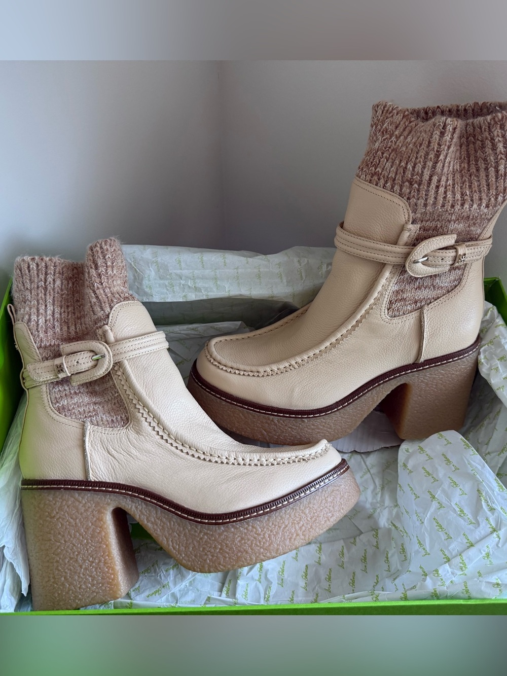 Sam Edelman Sidney Eggshell Leather Sweater Knit Platform Boots 9.5 NEW in Box